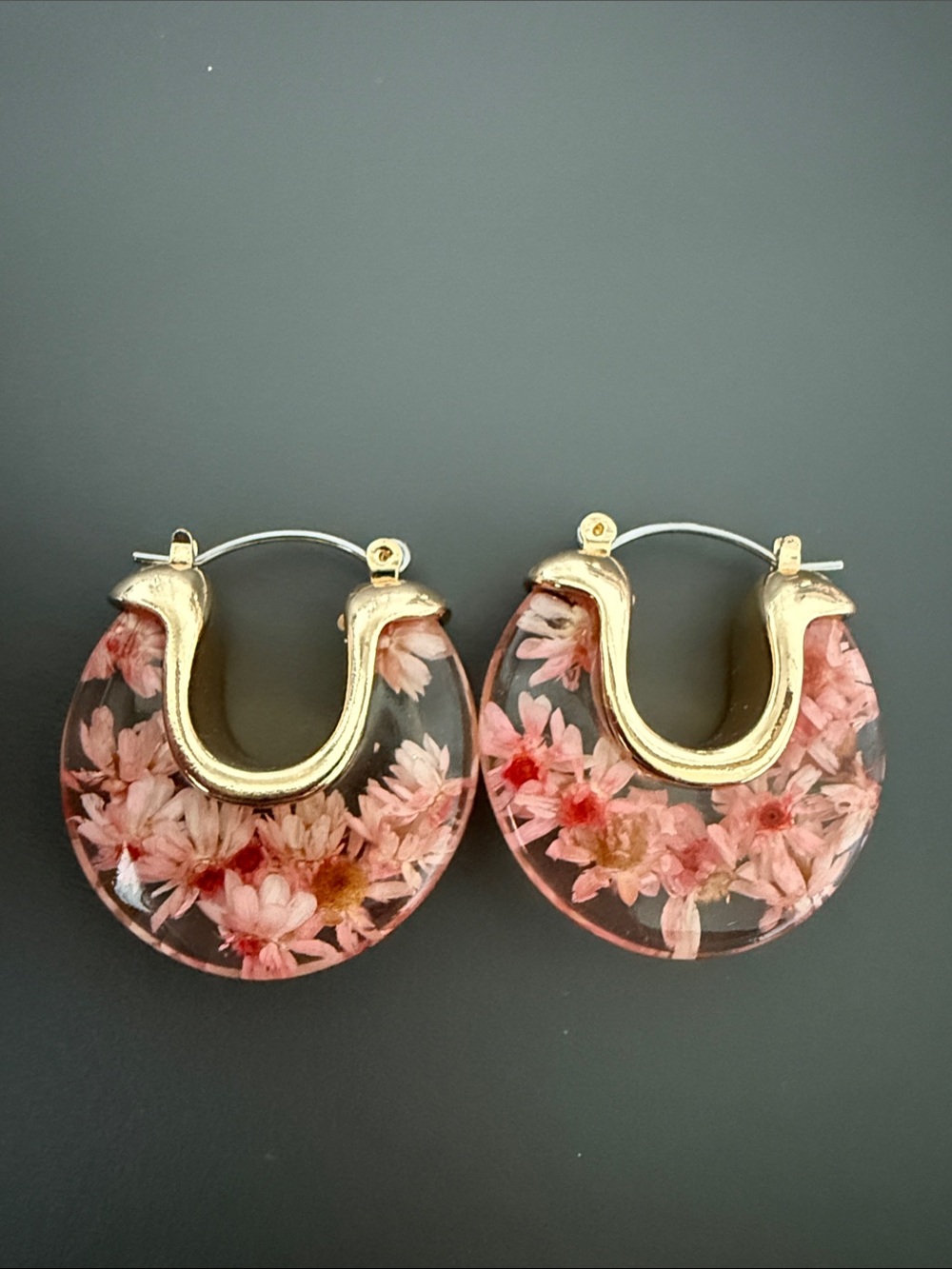 Handmade Floral Resin Hoop Earrings - Pink Flowers